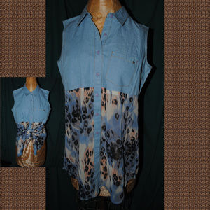THAMP Chambray & Sheer Animal Prnt TunicTop Size M